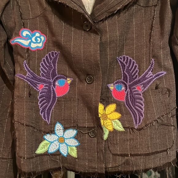 Lucca M Patchwork Denim Jacket 70's Hippie Style Embroidered Loose Threads Lined - Picture 5 of 7